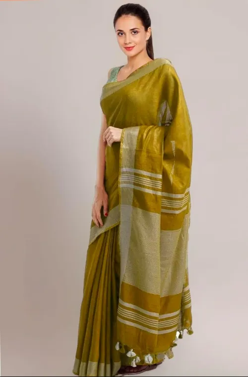 Elegant Olive Green Plain Cotton Linen Saree with Contrast Border